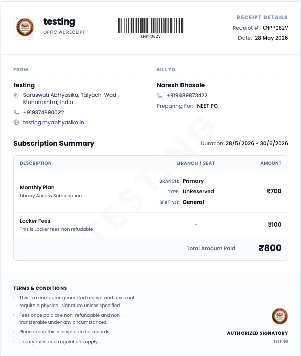 Automated payment receipt with library logo, student name, seat plan and barcode