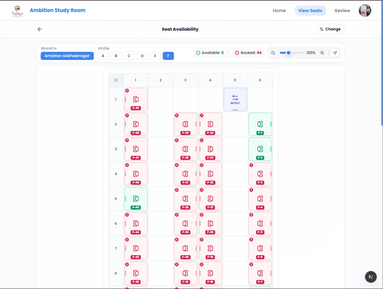 Seat availability layout — branch and room selector with live booked / available status