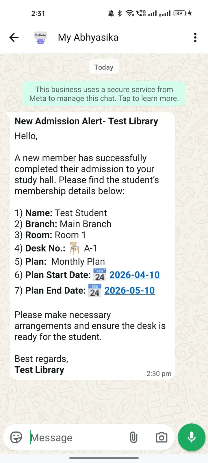 New Admission — Owner Alert WhatsApp template preview