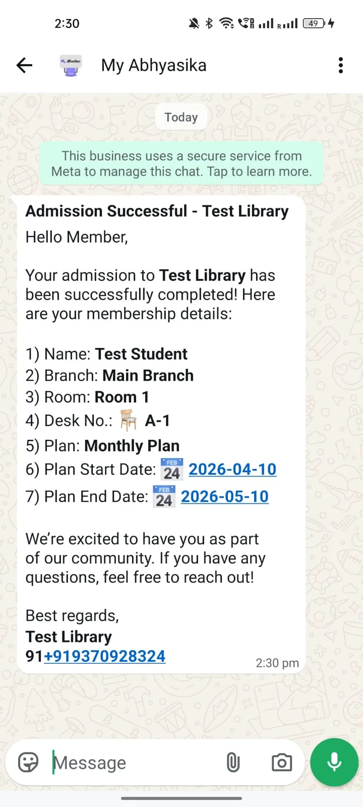 Admission confirmation