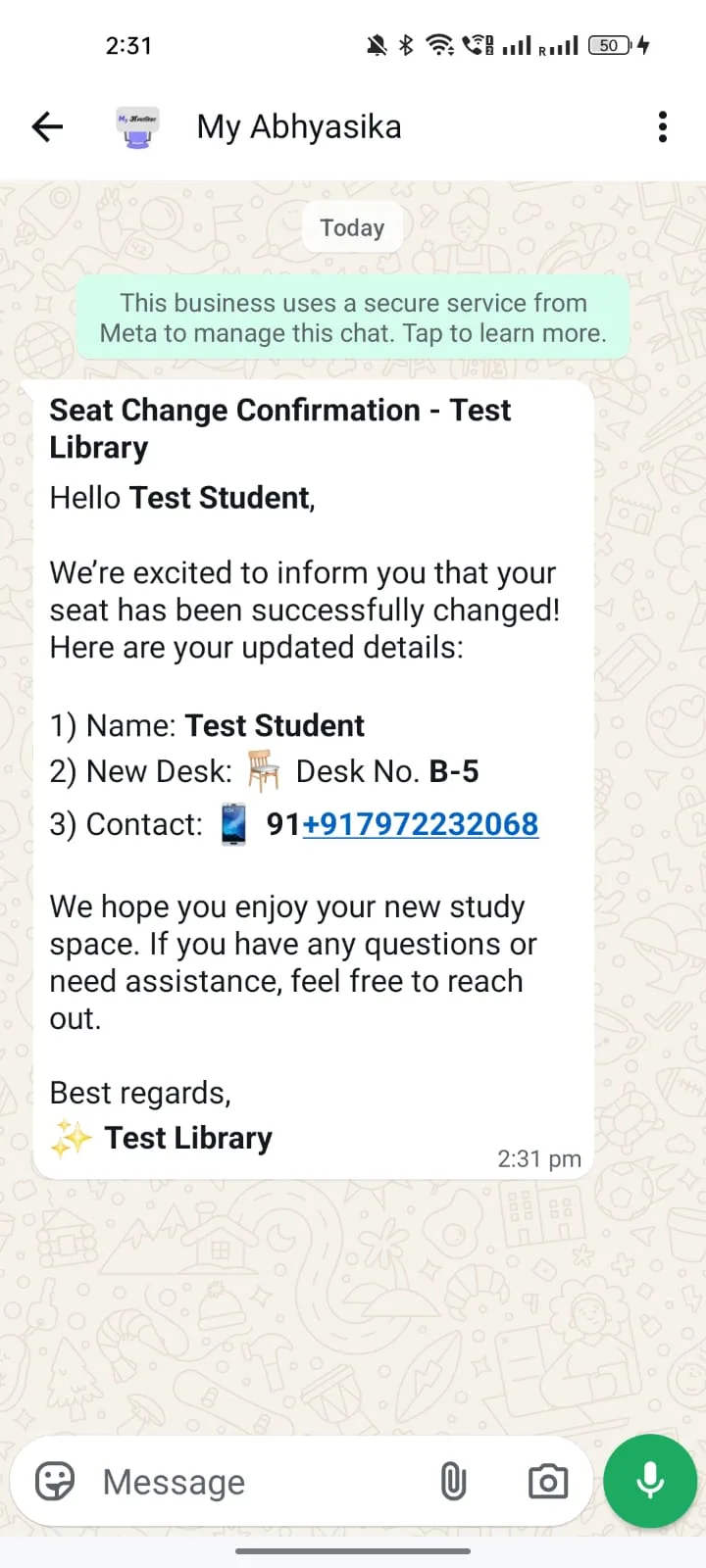 Seat Change WhatsApp template preview