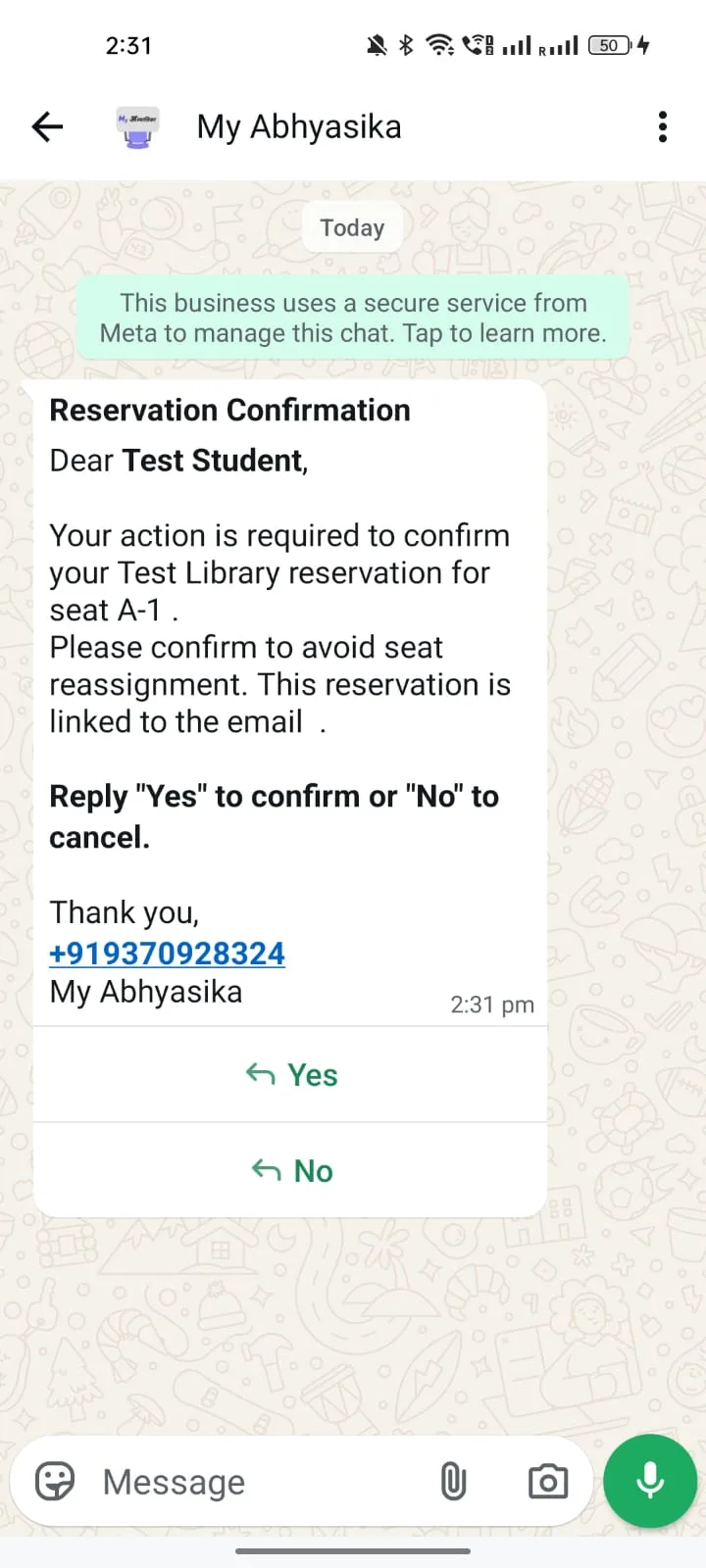 Seat Confirmation WhatsApp template preview