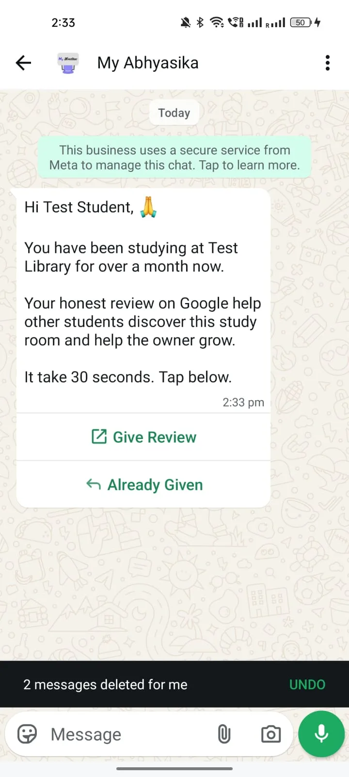 Review Request WhatsApp template preview