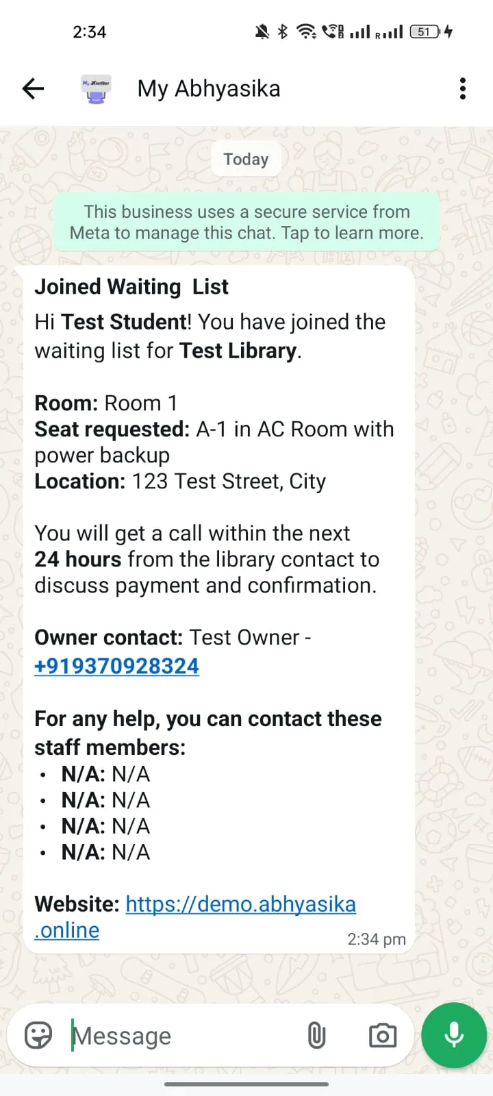 Library Enquiry Reply WhatsApp template preview