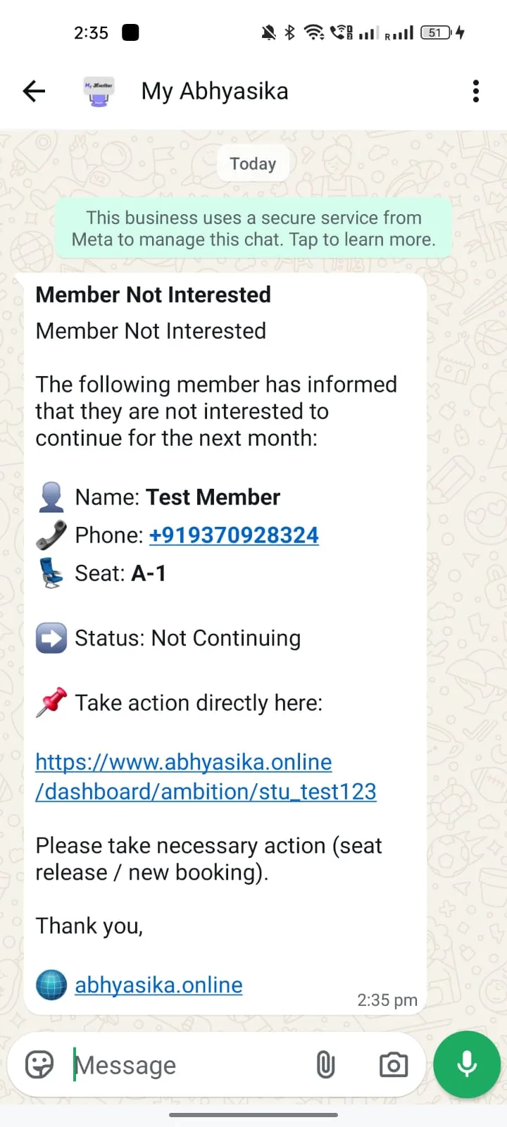 Member Marked Not Interested WhatsApp template preview