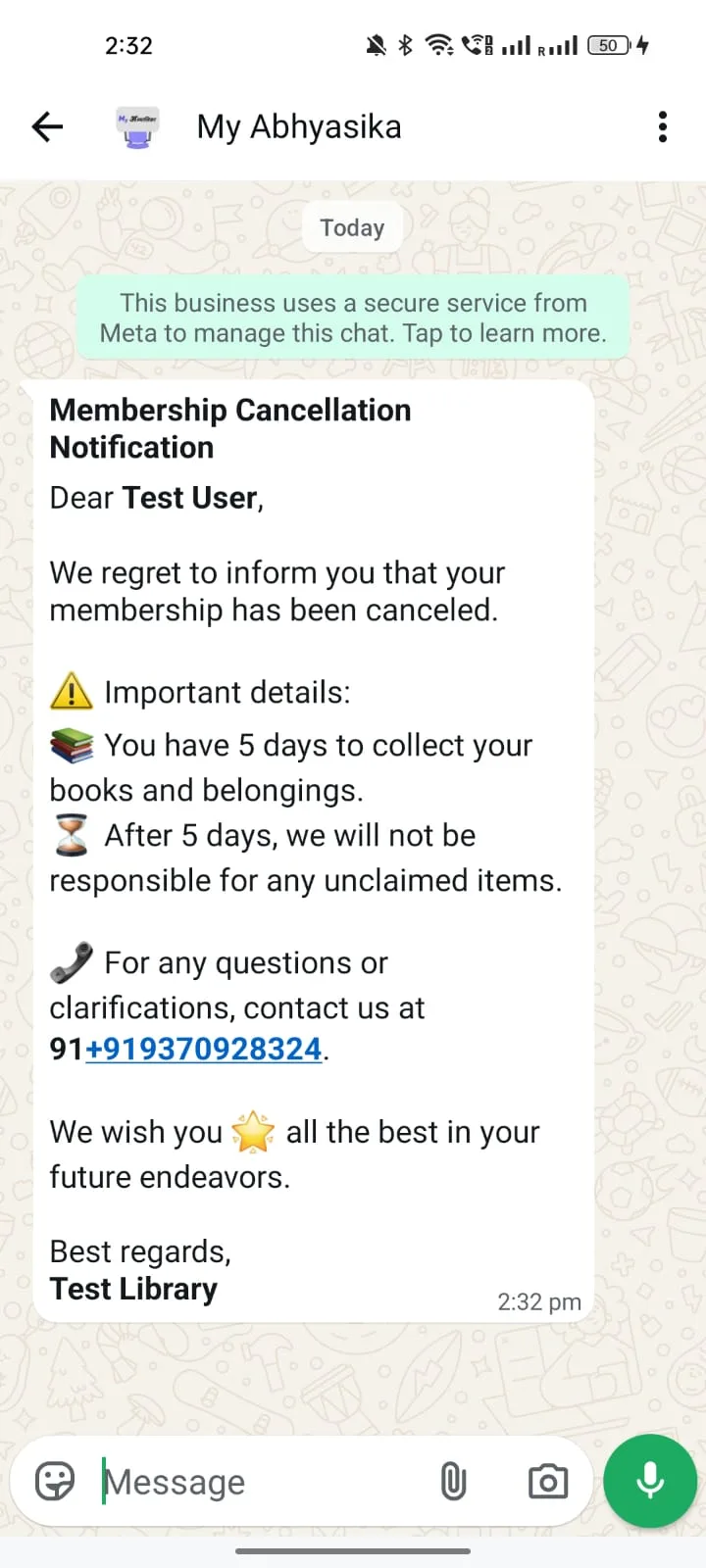 Membership Ending WhatsApp template preview