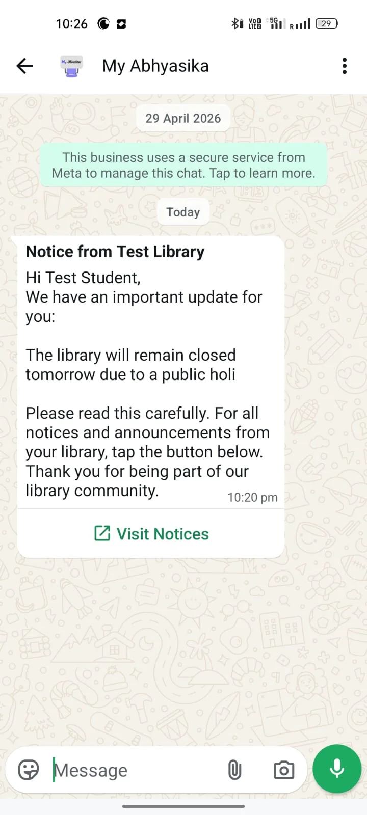 Library Notice WhatsApp template preview