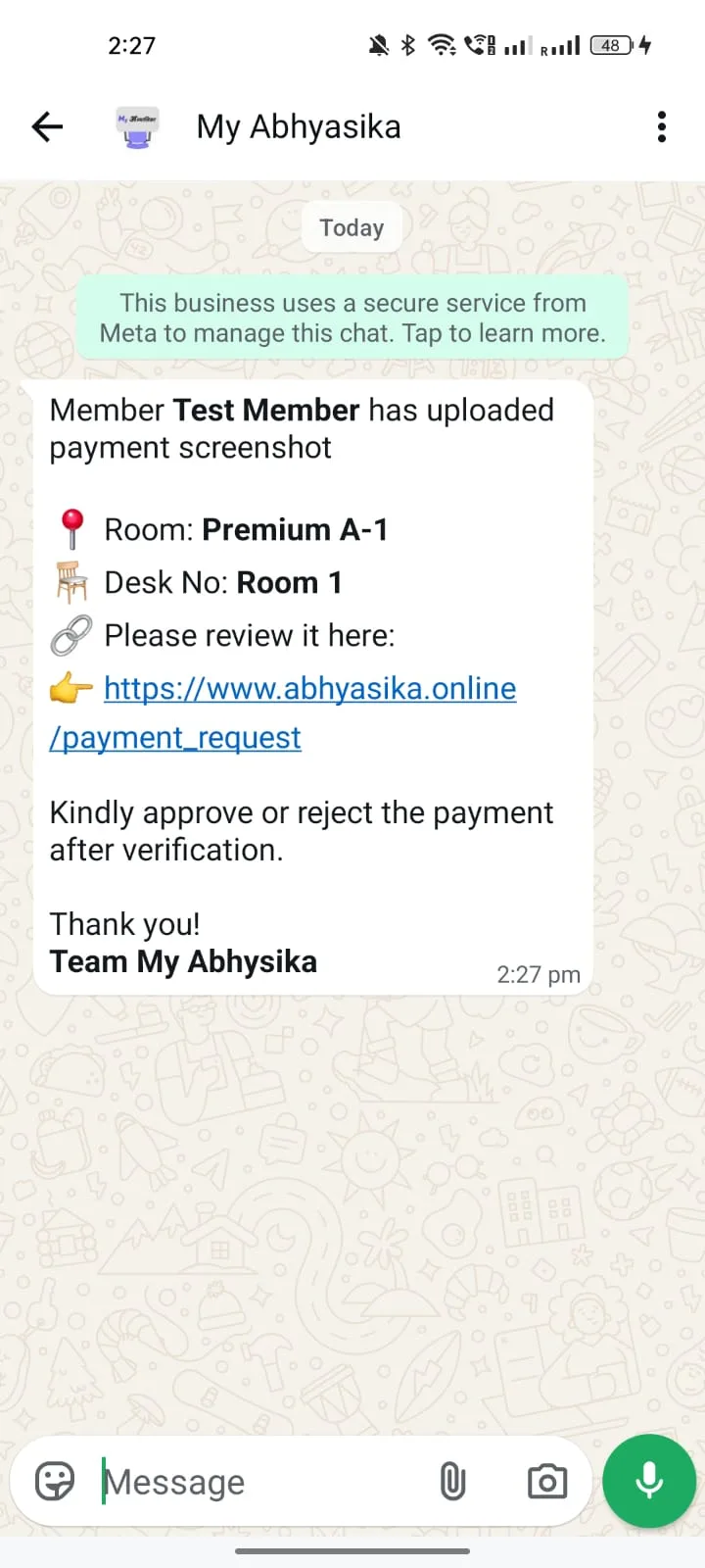 Payment Received WhatsApp template preview