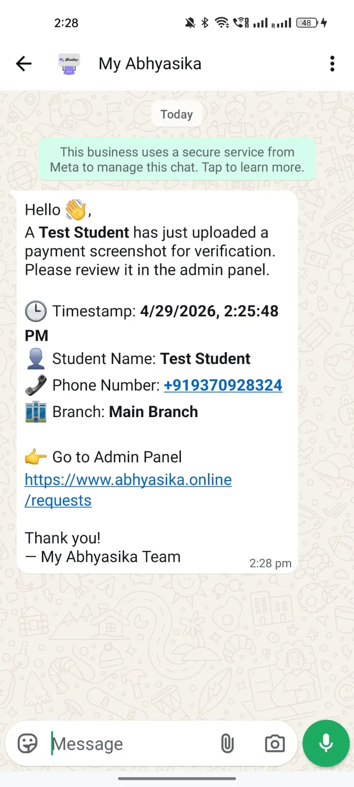 Payment Screenshot Uploaded WhatsApp template preview