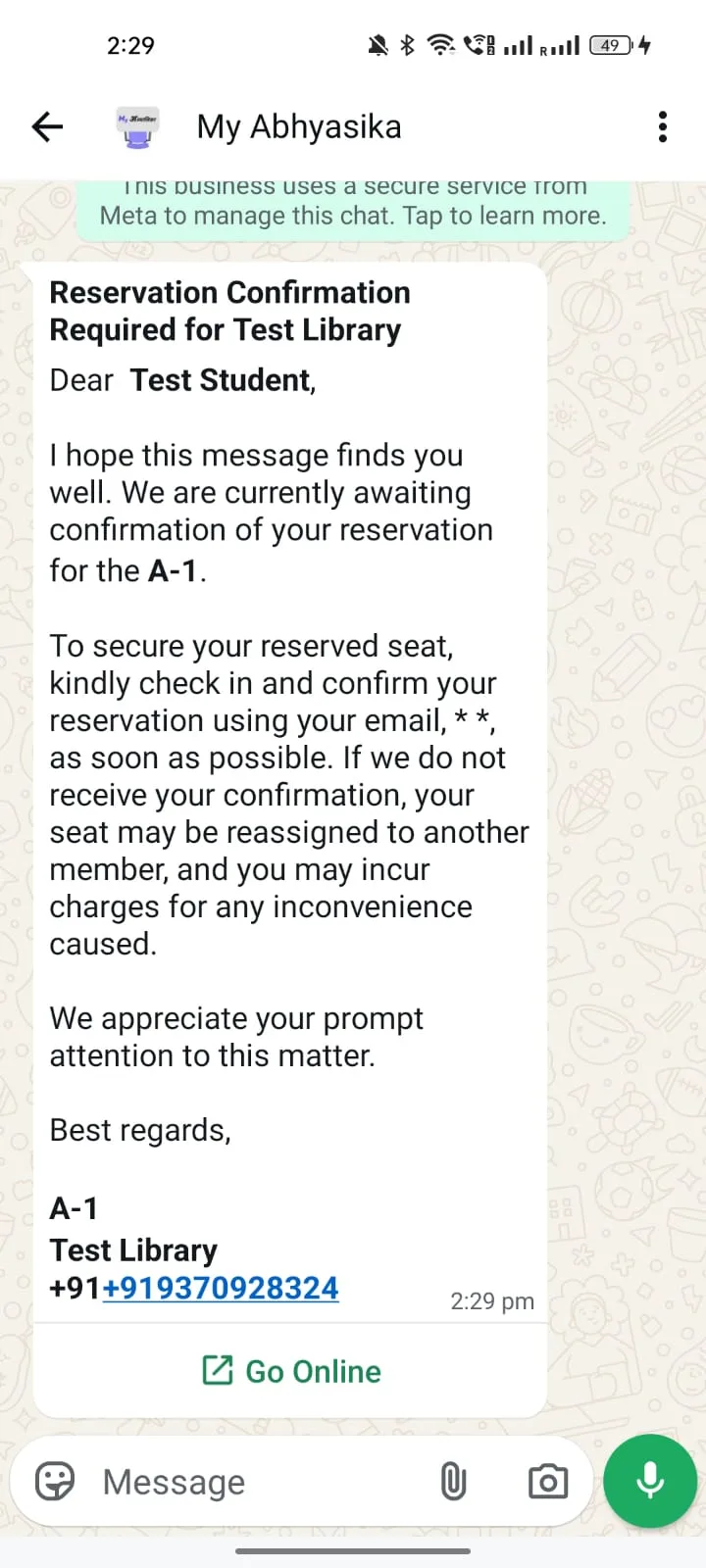 Pending Payment Alert WhatsApp template preview